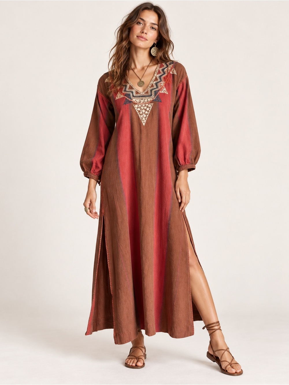 Vintage Gonzalo Bauer Brown Stripe Boho Maxi Dress Embroidered Neck